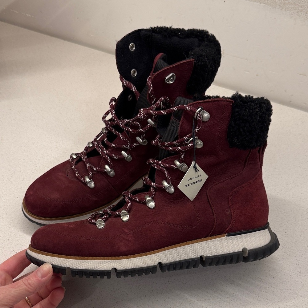Cole Haan Burgundy Leather Real Fur Winter Boots Size 8 B New!